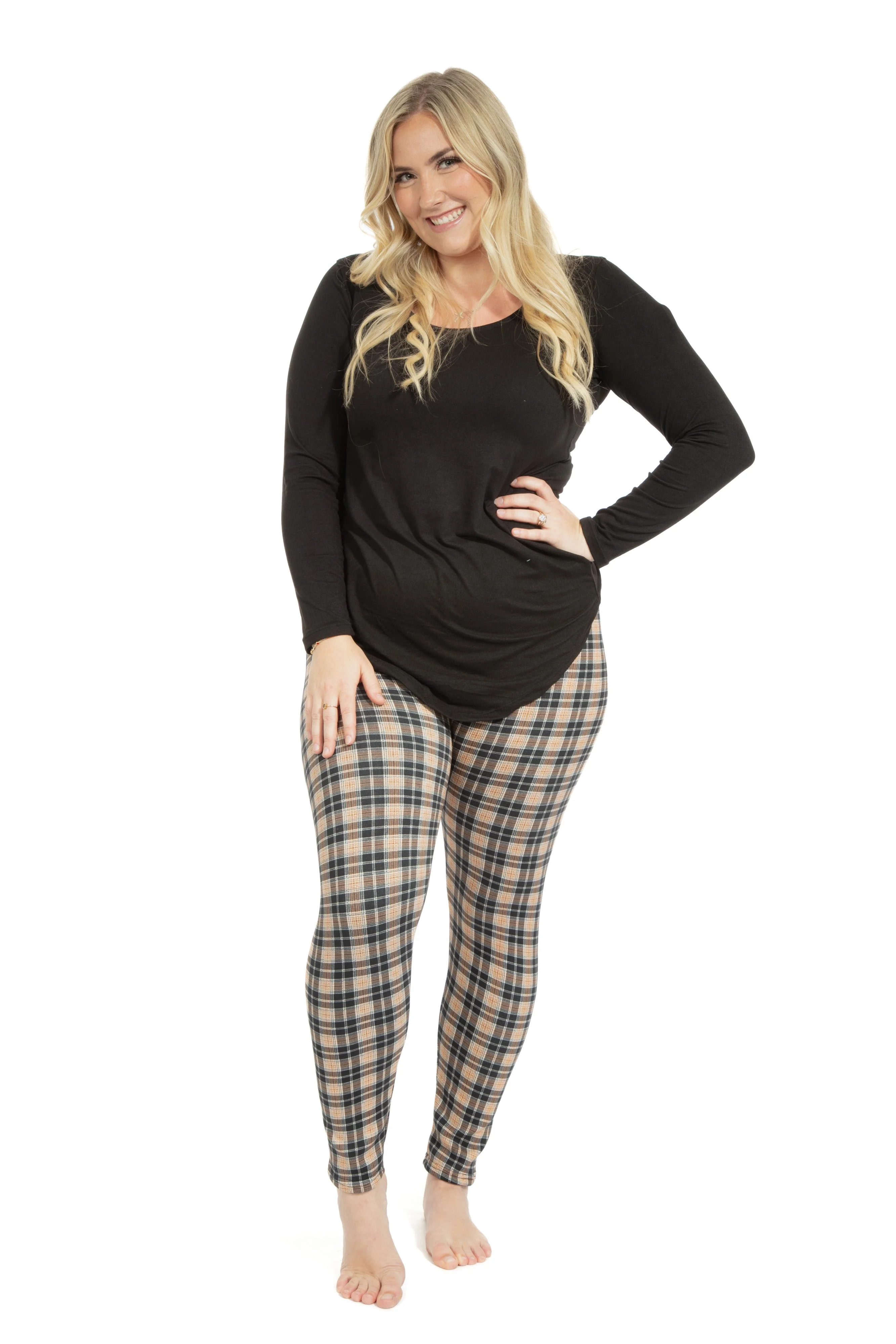 Black & Brown Plaid - Cozy Lined Leggings - Image 3